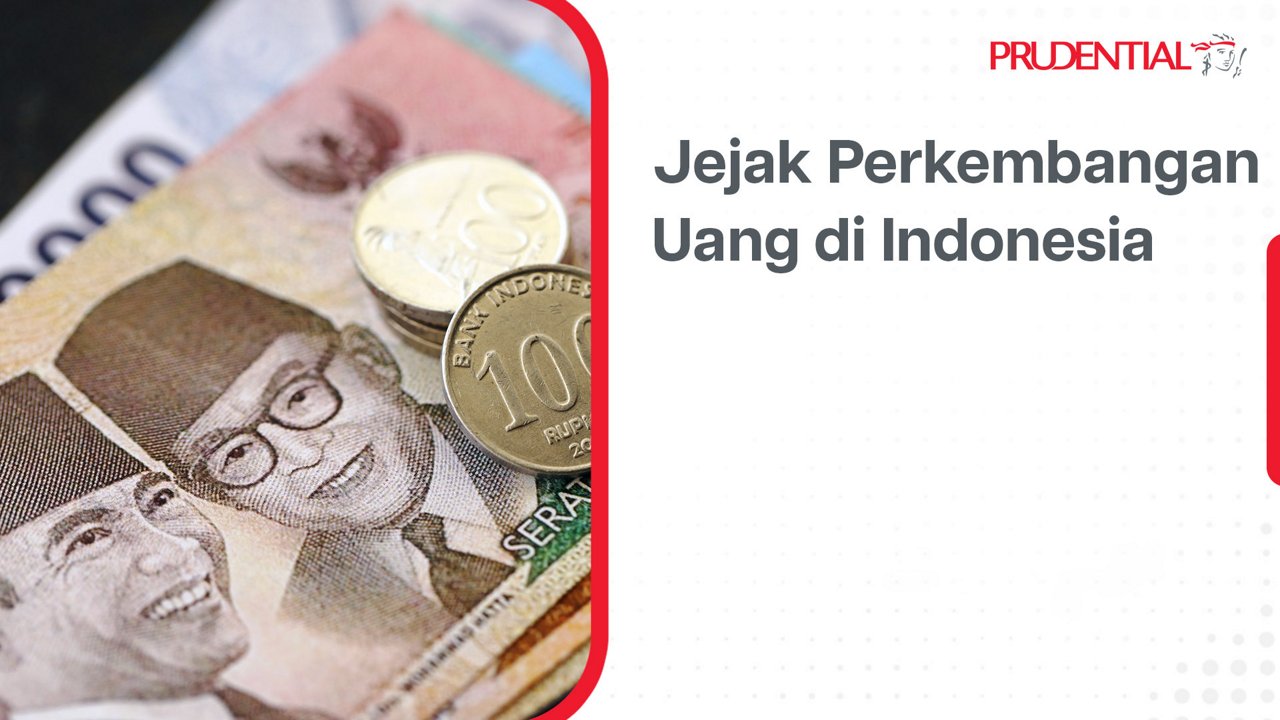 Visual composition featuring Indonesian banknotes and coins alongside a clean white text panel. Close-up currency details show portraits on paper money and metallic coins, including a clearly visible 100 Rupiah coin. The right side contains Indonesian text about the history of money in Indonesia with a red-accented layout. Overall, the design combines financial imagery with an informative, modern presentation.