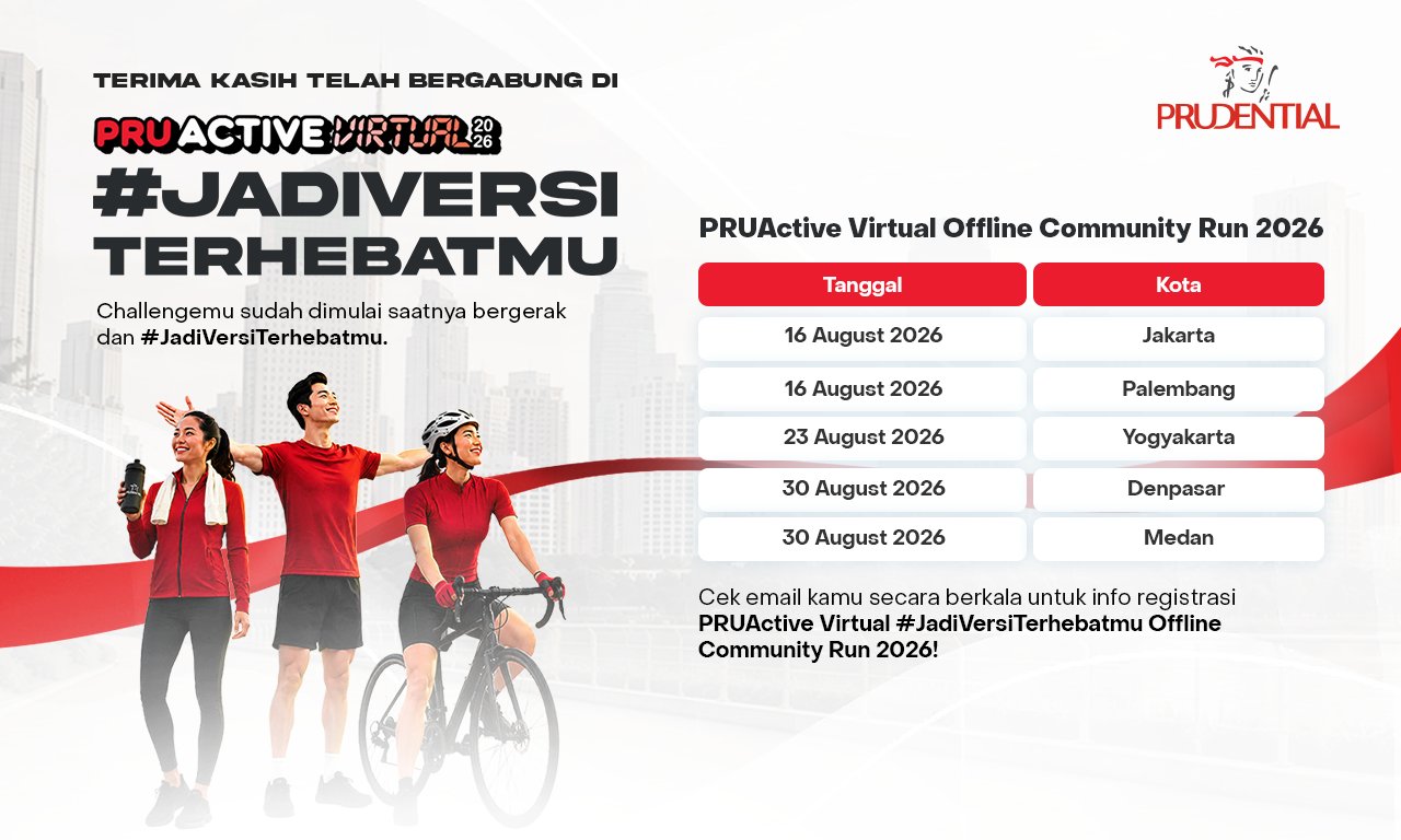 Digital banner promoting the PRUActive Virtual Offline Community Run 2026 with the hashtag #JADIVERSITERHEBATMU. A diverse group of runners and a cyclist in red sportswear pose confidently against a stylized city background. On the right, a schedule lists event dates and cities including Jakarta, Palembang, Yogyakarta, Denpasar, and Medan in August 2026. Additional text invites participants to check their email regularly for registration information.