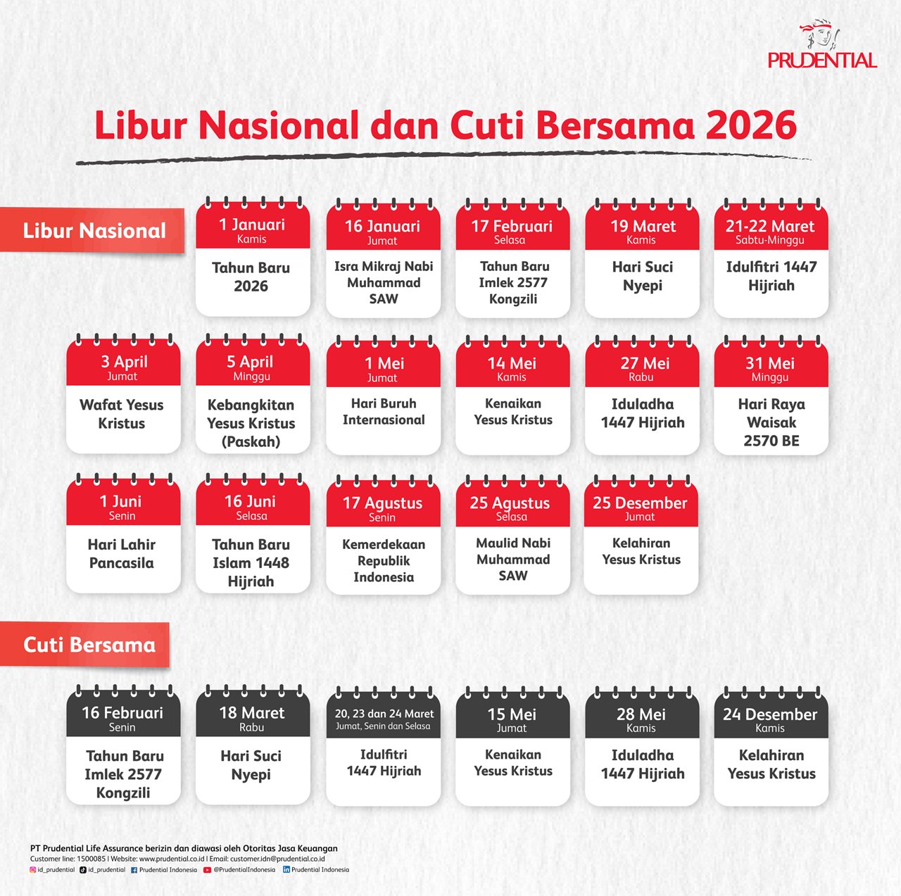 Gambar ini menampilkan poster jadwal Libur Nasional dan Cuti Bersama tahun 2026 di Indonesia. Setiap tanggal libur ditampilkan dalam bentuk kalender kecil merah putih dengan keterangan hari besar seperti Tahun Baru 2026, Isra Mikraj Nabi Muhammad SAW, Idulfitri 1447 Hijriah, dan Natal 2570 BE. Poster dibagi menjadi dua bagian utama, yaitu Libur Nasional dan Cuti Bersama, dengan susunan tanggal dari Januari hingga Desember. Desain menggunakan latar putih dengan elemen merah yang kontras dan teks berbahasa Indonesia.