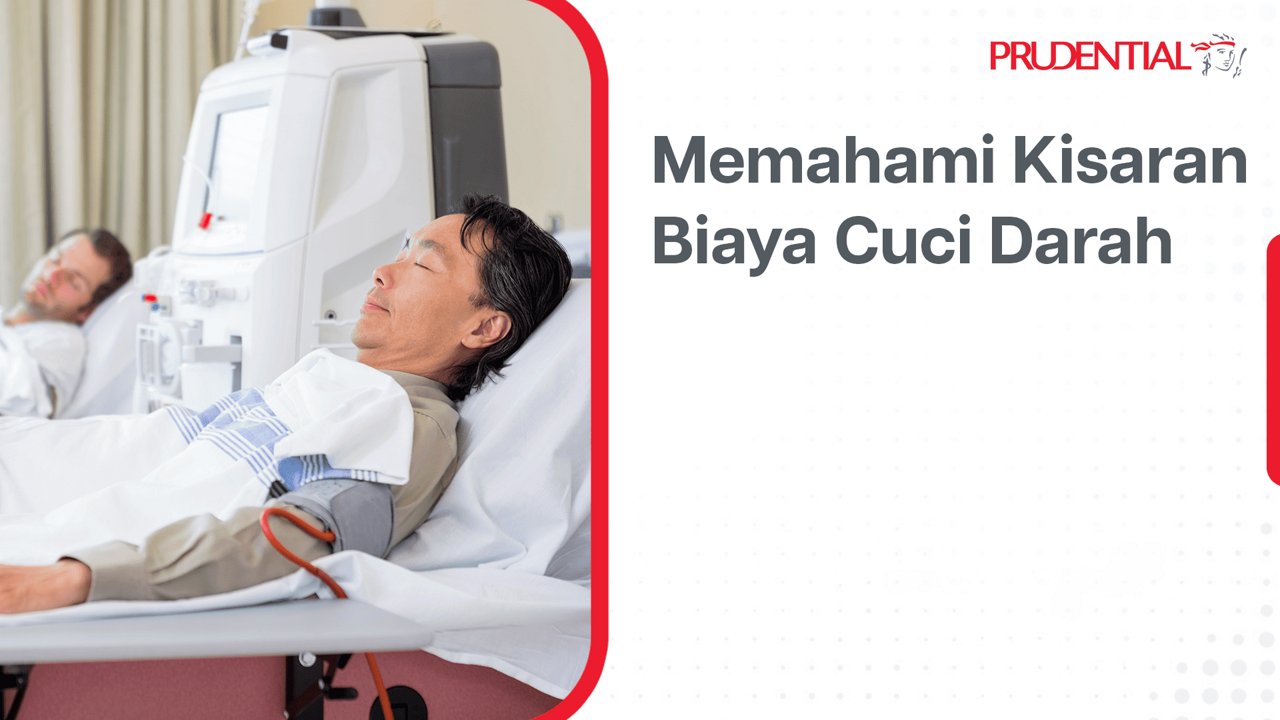 Seorang pasien terbaring di ranjang rumah sakit menjalani prosedur cuci darah dengan mesin hemodialisis di sampingnya. Wajah pasien diburamkan untuk menjaga privasi, sementara lengan terhubung ke alat medis. Di sisi kanan terdapat teks berbahasa Indonesia yang berbunyi "Memahami Kisaran Biaya Cuci Darah". Latar belakang klinis yang bersih dan dominan warna putih menekankan suasana medis yang profesional dan informatif.