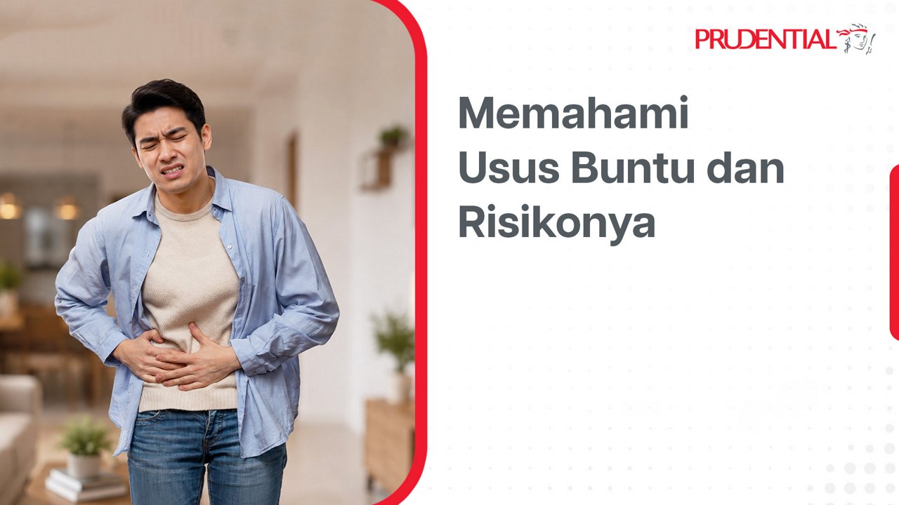 A young adult man stands indoors holding his abdomen with a pained expression, suggesting stomach or appendicitis-related discomfort. The background shows a warm, softly lit living room with neutral colors. On the right side, Indonesian text reads "Memahami Usus Buntu dan Risikonya," indicating an informational piece about understanding appendicitis and its risks. The Prudential name appears at the top right, framing the content as a health education message.