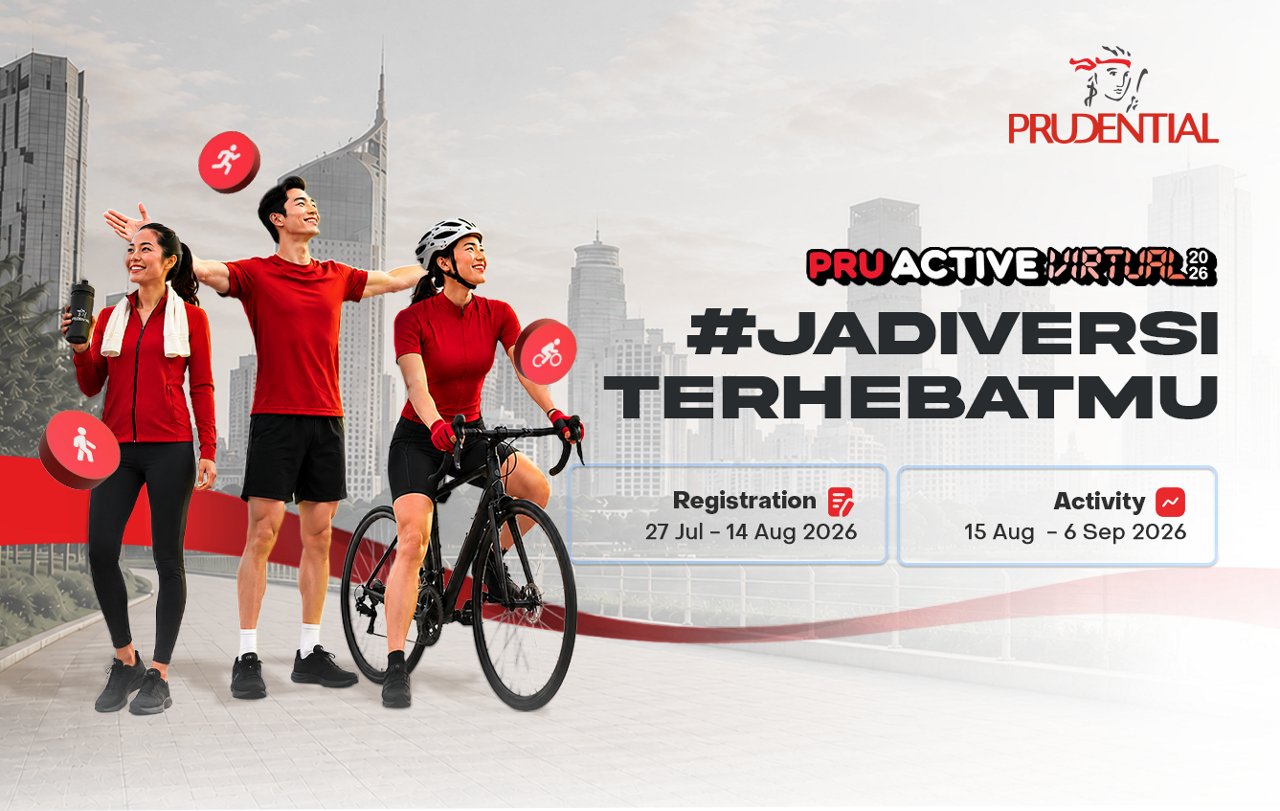 Promotional banner for a Prudential virtual fitness event features three active adults in red sportswear standing and cycling in an urban cityscape. The central cyclist is flanked by a male runner and a female walker, with fitness icons highlighting different activities. Large text reads "PRU ACTIVE VIRTUAL" and the hashtag "#JADIVERSITERHEBATMU". Registration dates are shown as 27 Jul – 14 Aug 2026, and activity dates as 15 Aug – 6 Sep 2026. The overall design uses a red and white palette with modern city buildings in the background.
