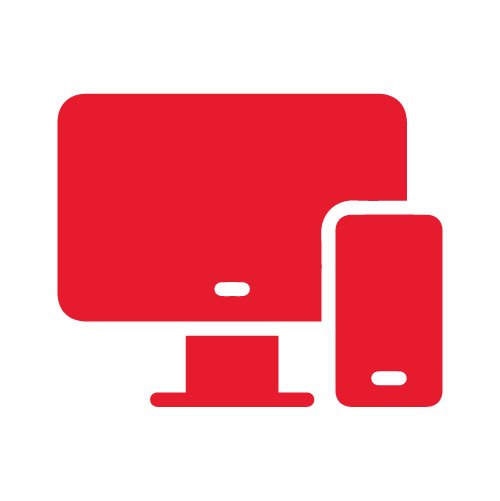 Simple red icon depicting a desktop computer monitor alongside a smartphone. The devices are shown in a minimal, flat graphic style on a transparent or solid background. This illustration suggests digital technology, responsive design, or multi-device compatibility. The bold red color creates a strong, modern visual impact.