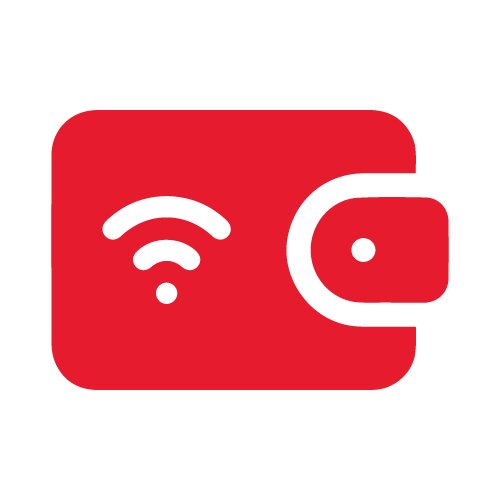 A minimalist red wallet icon features a stylized wireless signal symbol on its left side. The wallet is shown in a simple, flat design with a rounded rectangular shape and a clasp on the right. The wireless signal suggests contactless payments or digital transactions. The overall visual is clean and modern, suitable for fintech or mobile payment themes.