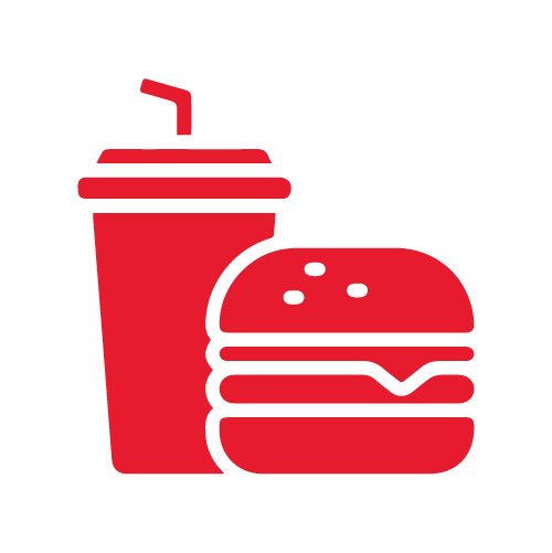 Simple red icon depicting a fast food meal with a burger and a soft drink cup. The burger features a bun with sesame seeds and layered fillings. The drink cup includes a lid and a straw, positioned behind the burger. The graphic uses a flat, monochrome red style on a transparent or plain background, suitable for menus or UI elements.