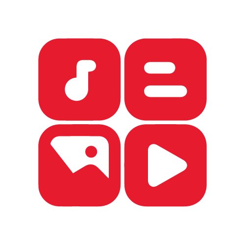 Graphic illustration of four rounded red app icons arranged in a square grid on a white background. Each icon represents a different media type, including music, text or list, image, and video. The simple shapes and bold red color create a modern, minimal visual style. The design suggests a unified interface for accessing diverse digital content.