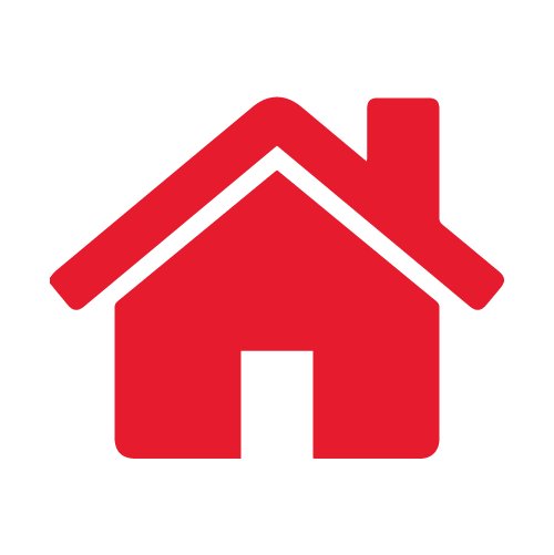 A simple red house icon is centered on a white background. The graphic features a triangular roof, rectangular body, and a small doorway. The design is flat and minimalistic, using a single bold red color. This icon suggests concepts of home, housing, real estate, and navigation.