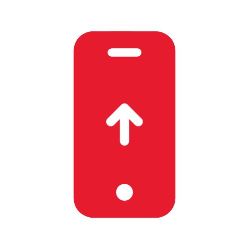 A minimal red smartphone icon is shown on a black background. The phone outline includes a top speaker slot and a circular button at the bottom. A bold upward-pointing arrow is centered on the screen area, suggesting upload, scroll, or upward navigation. The overall design is flat and modern, using a simple red and black color palette.