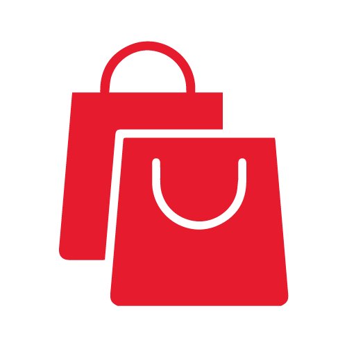 The image shows a simple red icon of two shopping bags overlapping each other. Both bags have curved handles, with one bag positioned slightly in front of the other. The design is flat and minimalist, using solid red shapes against a white background. This graphic suggests retail, shopping, or e-commerce themes.