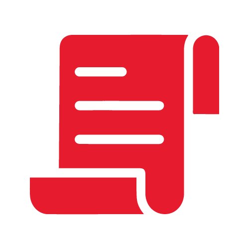 A bright red scroll-shaped document icon is displayed against a plain white background. The icon features a rolled edge at the top and bottom, suggesting a parchment or scroll. Three horizontal lines in the center represent text or written content. The simple, flat design and bold color make it suitable for use in digital interfaces or graphic design projects.