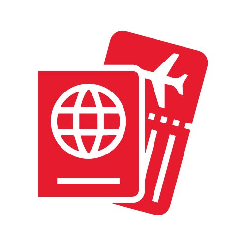 A bold red icon depicts a passport alongside an airline ticket. The passport features a globe symbol on its cover, suggesting international travel. The ticket shows a stylized airplane silhouette and dotted lines, indicating flight information. The simple, flat design and monochrome red palette give the graphic a modern, minimal look suitable for travel-related materials.