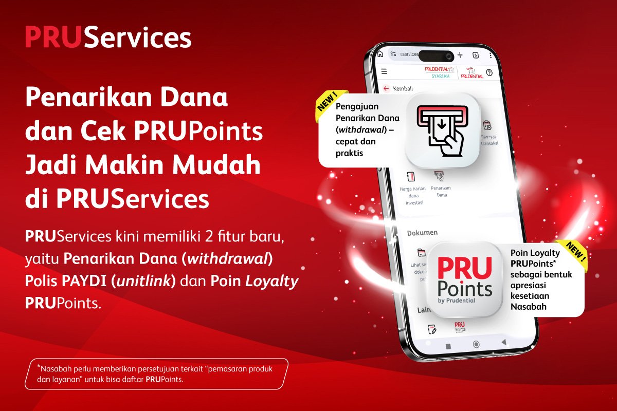 Gambar promosi menampilkan layanan PRUServices untuk penarikan dana dan pengecekan PRUPoints. Sebuah smartphone di tengah layar memperlihatkan antarmuka aplikasi dengan ikon fitur penarikan dana dan poin loyalti. Teks berbahasa Indonesia menjelaskan bahwa PRUServices memiliki dua fitur baru, yaitu penarikan dana (withdrawal) Polis PAYDI (unlink) dan Poin Loyalty PRUPoints. Latar belakang merah dengan elemen cahaya putih memberikan kesan modern dan dinamis.