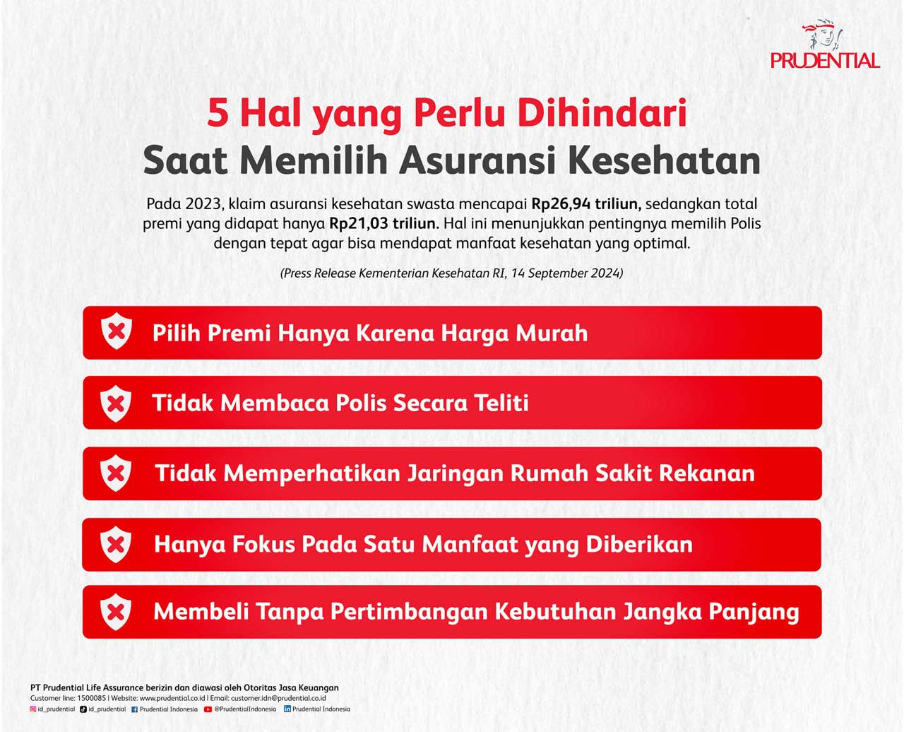 Infografis edukasi dari Prudential menampilkan lima hal yang perlu dihindari saat memilih asuransi kesehatan. Teks utama menyoroti data tahun 2023 dengan klaim asuransi kesehatan swasta mencapai Rp26,94 triliun dan total premi Rp21,03 triliun. Visual menggunakan palet merah dan putih dengan ikon peringatan di setiap poin. Informasi ini ditujukan untuk membantu konsumen membuat keputusan asuransi yang lebih bijak.