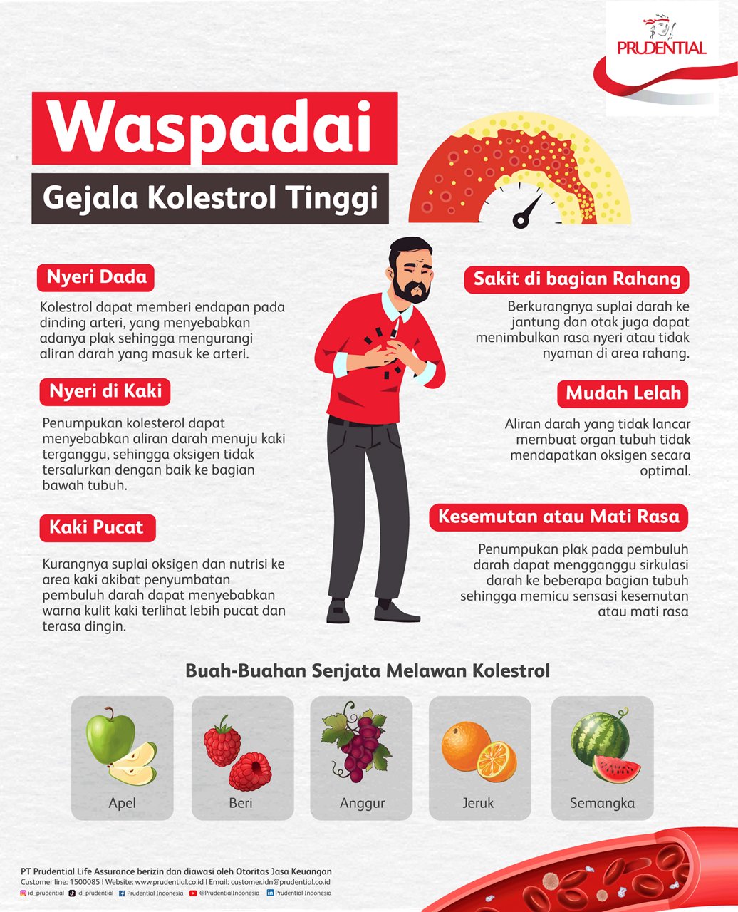 Infografis berbahasa Indonesia ini menjelaskan berbagai gejala kolesterol tinggi dengan ilustrasi seorang pria memegang dada kesakitan. Teks menyoroti nyeri dada, nyeri di kaki, kaki pucat, sakit di bagian rahang, mudah lelah, serta kesemutan atau mati rasa. Di bagian bawah terdapat deretan ilustrasi buah-buahan seperti apel, beri, anggur, jeruk, dan semangka sebagai senjata melawan kolesterol. Desain menggunakan palet warna merah, putih, dan abu-abu dengan gaya ilustrasi datar yang informatif.