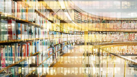 Bookshelves in a library.