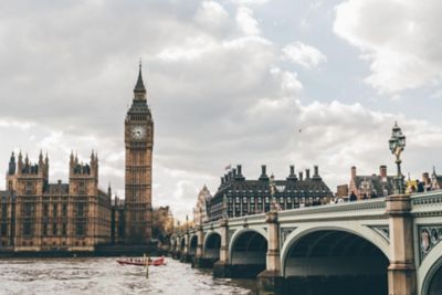 Photograph of London's Big Ben and bridge. London, UK.