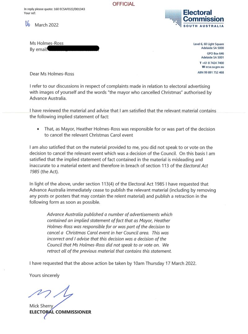 A screenshot of an official letter.
