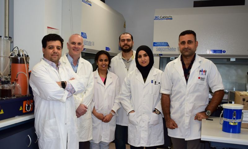 From left to right: Nagalakshmi Haleyur (PhD student), Distinguished Professor Andrew Ball, Dr Arturo Aburto Medina (Senior Research Fellow), Dr Esmaeil Shahsavari (Senior Research Fellow), Leadin Khudur (PhD student) and Eman Koshlaf (PhD student)