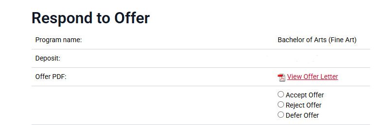 Screenshot titled “Respond to Offer” for Bachelor of Arts (Fine Art), with options to view the offer letter PDF and select Accept, Reject, or Defer Offer.
