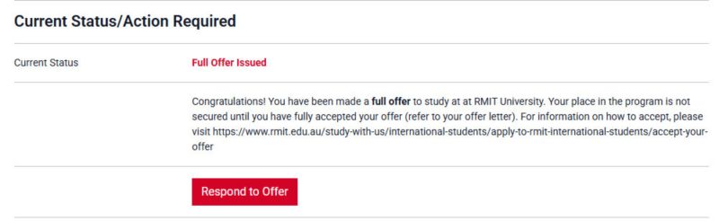 Screenshot showing “Current Status/Action Required” with status “Full Offer Issued” and instructions to respond to an RMIT University offer, including a “Respond to Offer” button.
