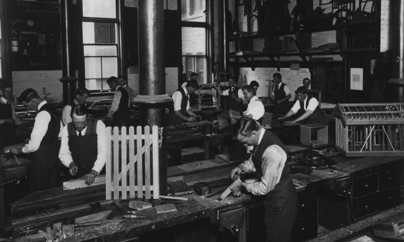 RMIT archives photograph of men working in a carpentry class