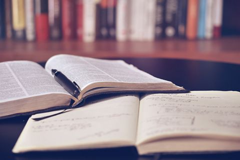 Open books, in front of a bookshelf. Education.