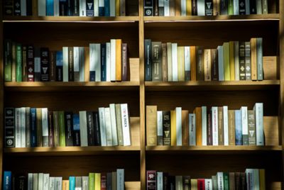 Book shelves, library.