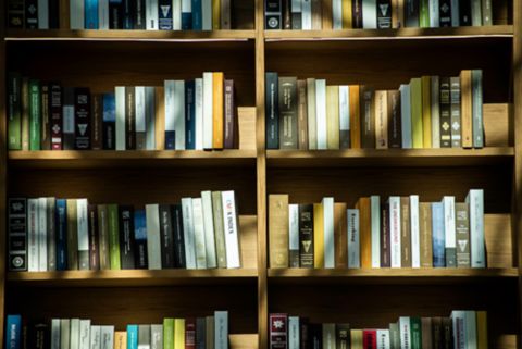 Book shelves, library.