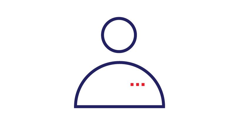 An icon that represents a person's profile photo. The icon had a half-circle that represents the body and a smaller circle above it to represent the head - all outlined in blue. Three small red squares are drawn on where the right lapel would be.