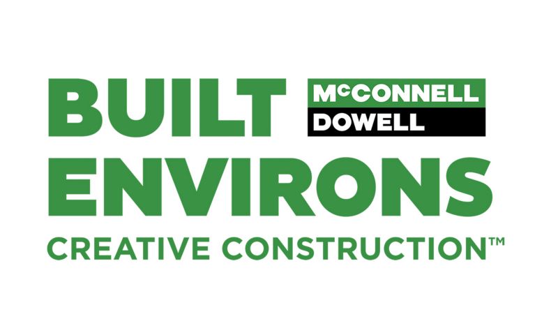 Green text with the words 'Built environs Creative Construction - McConnell Dowell'