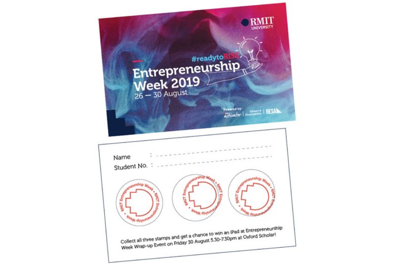 Entrepreneurship week card with three stamps.