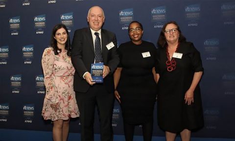 Image of Gabriela Cincotta, Matthew Warren, Mary-Anne Mwendwa, and Lee-Ann Phillips accept the Best Education Project at the 2023 iTnews Benchmark Awards