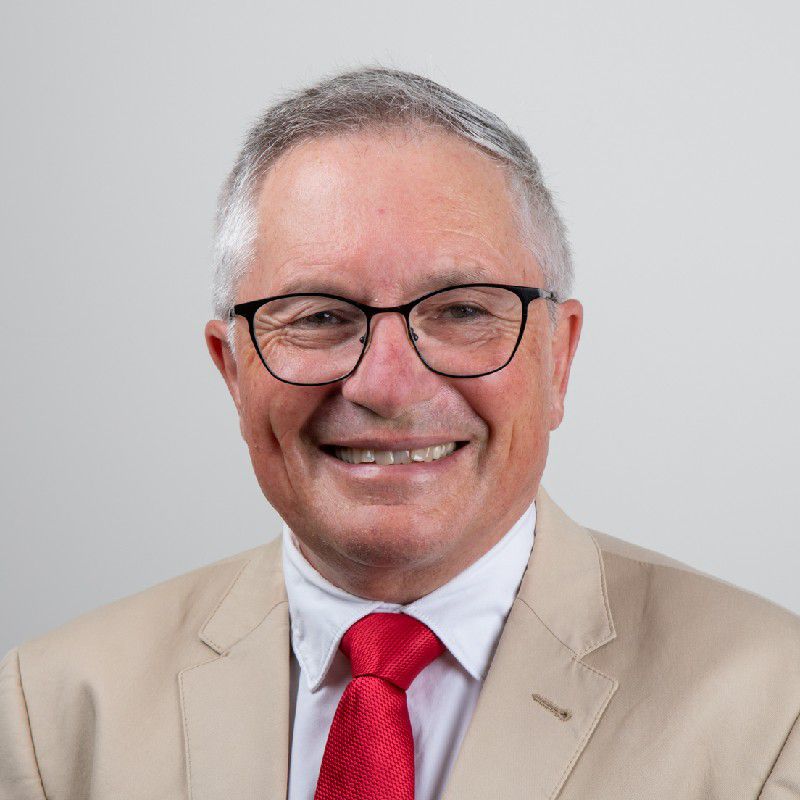 David is smiling towards the camera against a solid white background. David is wearing a white shirt and red tie, with a beige coloured blazer.
