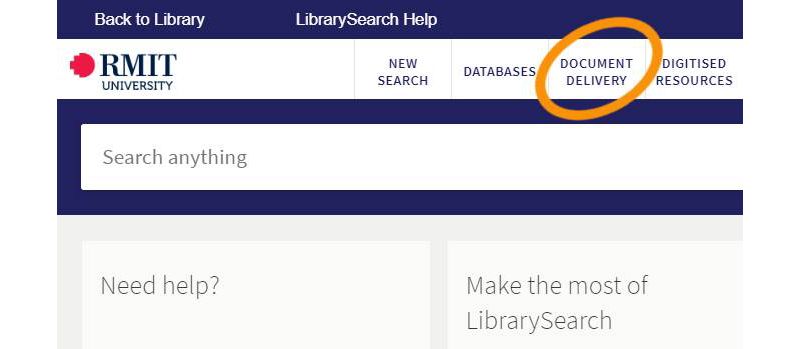 Document Delivery option is available from the main menu in LibrarySearch.