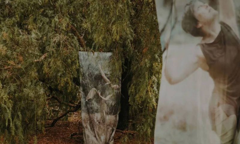 Two large sheets of fabric which are printed with images of a dancing person. One of the fabric sheet is hung in the foreground and the second fabric sheet is hung on a tree.