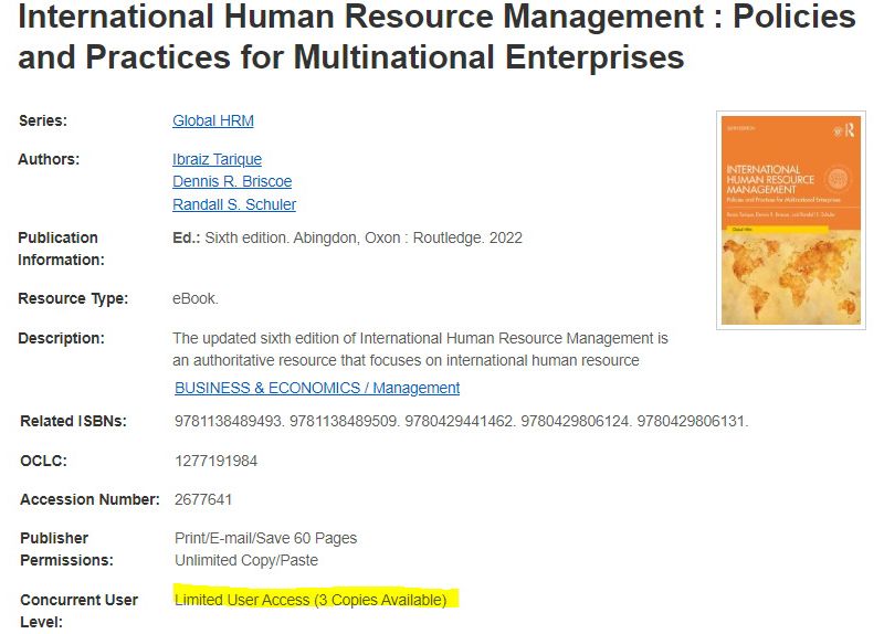 This example Ebsco e-book record shows access is restricted to three concurrent users