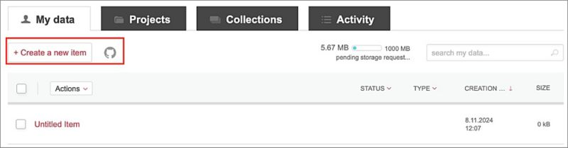 Screenshot showing the My data tab selected with a +Create a new item option highlighted.