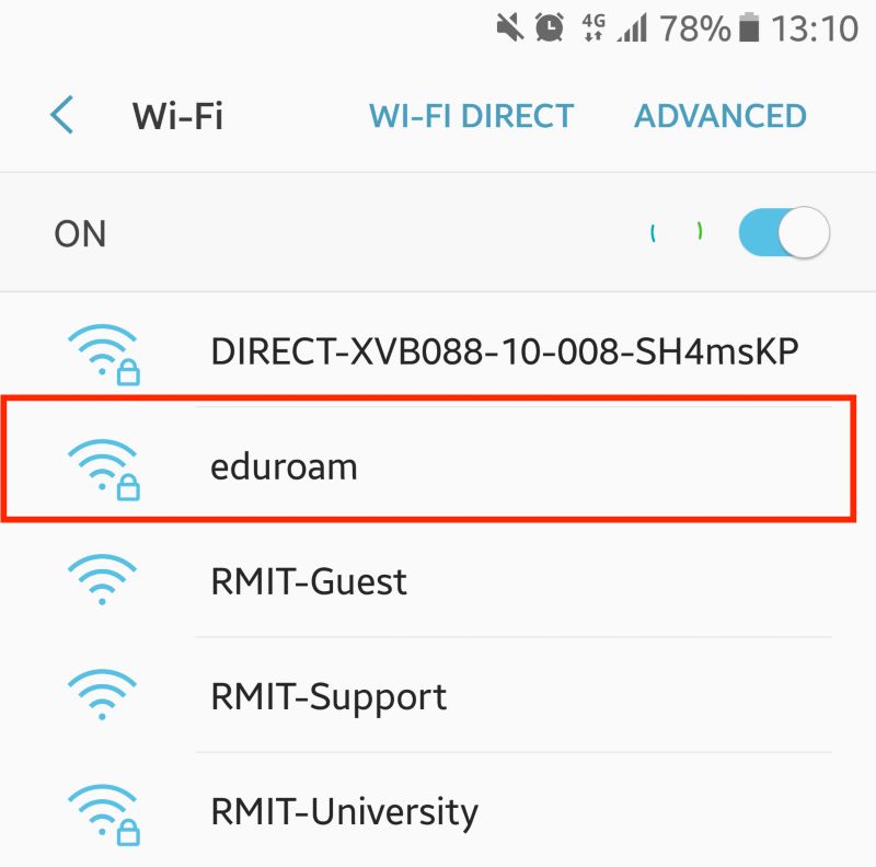 Tap settings, then select Wi-Fi, and select eduroam..
