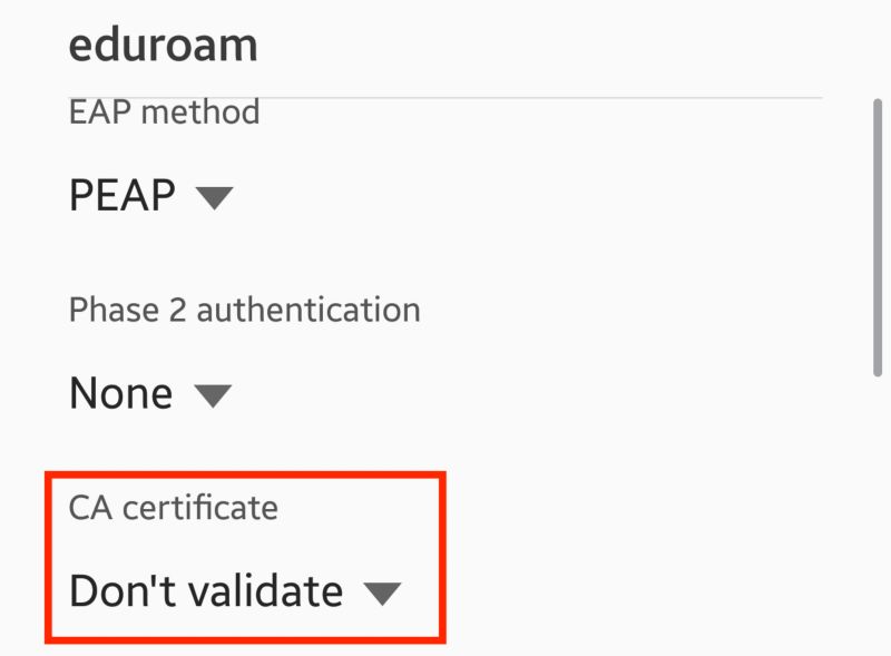 Set the EAP method to PEAP. Phase-2 authentication leave as None. CA Certificate can stay as unspecified, however some may require this to be set as Don't Validate.