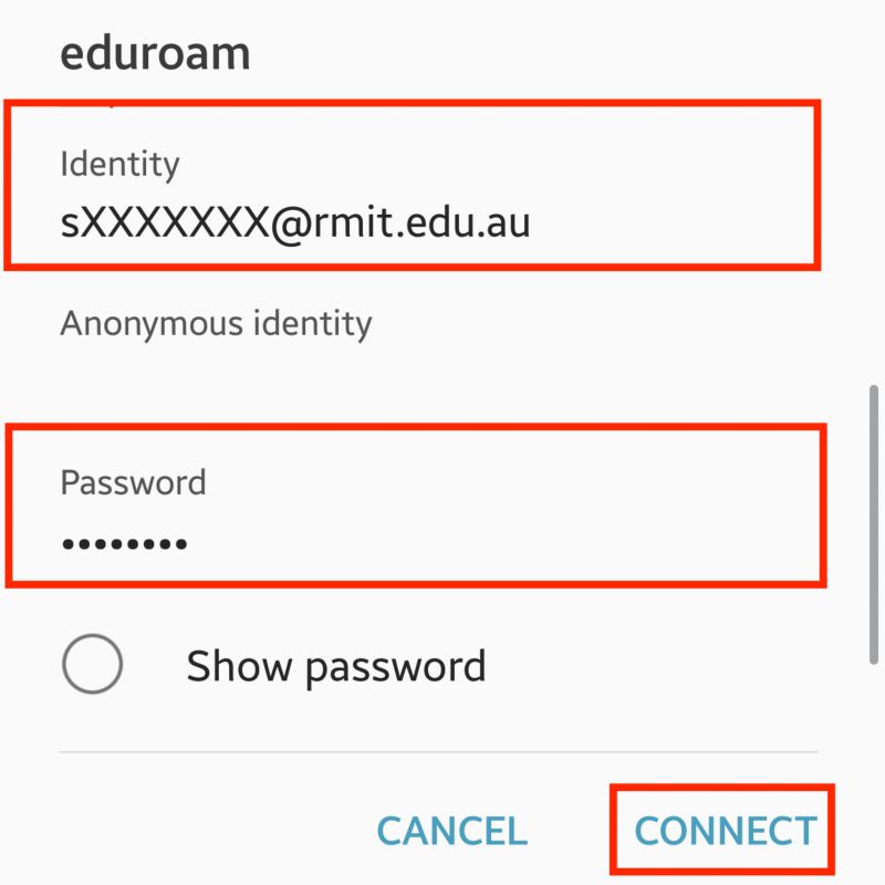 Enter your RMIT ID and password (Anonymous should be blank) and tap Connect.