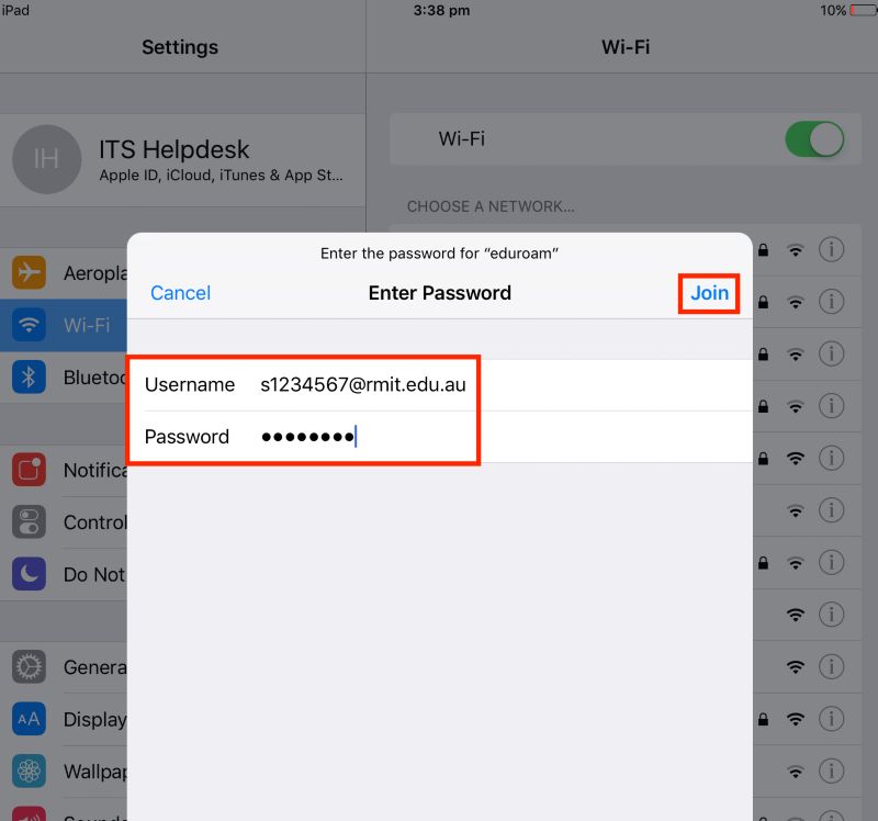 Tap settings, then select Wi-Fi, and select eduroam. Enter your RMIT ID and password, and tap join.