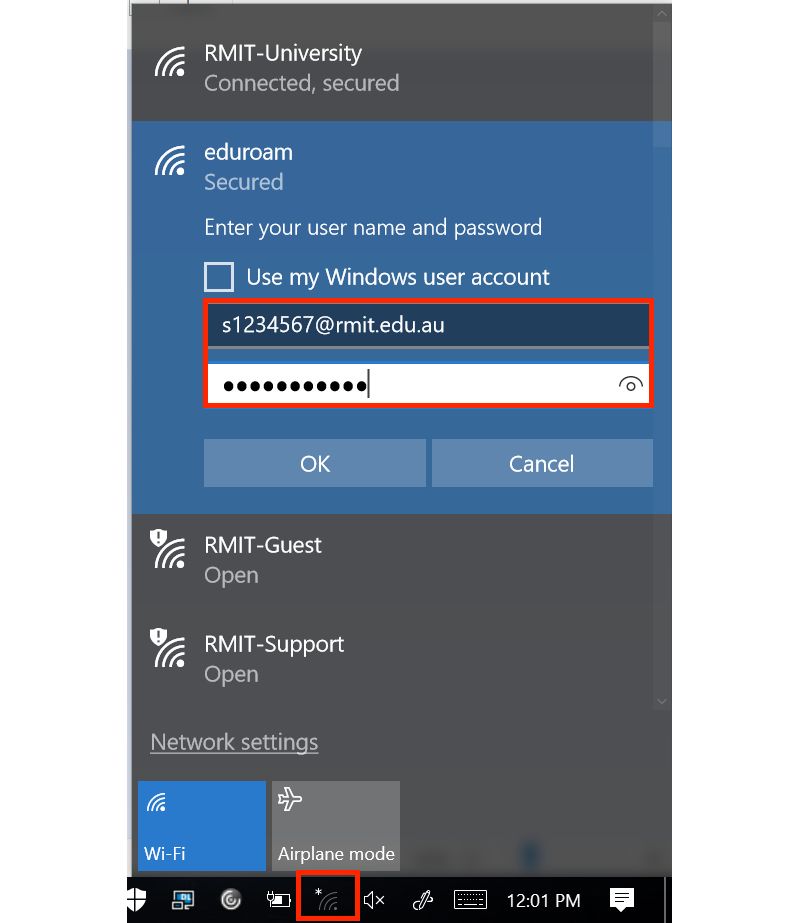 Click the wifi icon, select eduroam and click connect. Enter your staff ID and password and click OK/Connect