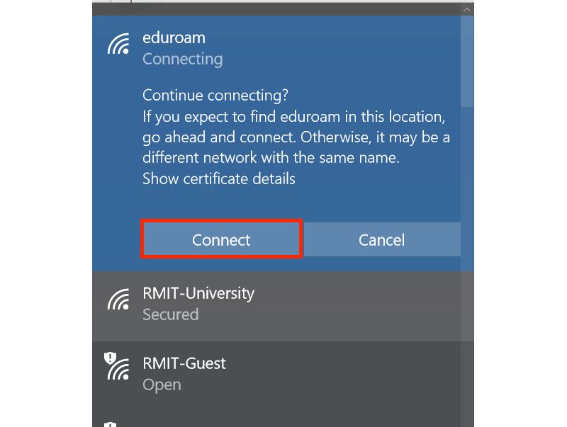 Windows may prompt with the wireless certificate pop-up. Select connect, to continue