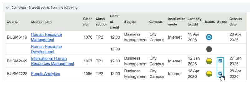 Screenshot of RMIT Online EOL step 6. Select classes