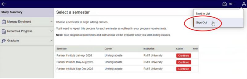 Screenshot of enrolling as a student at a partner institute - Step. 4 sign out