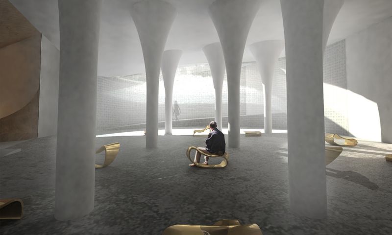 A half-indoor half-outdoor interior. Sunlight streams in through a lightwell. Grey funnel-like poles hold up the ceiling while a person sits on a gold bench.