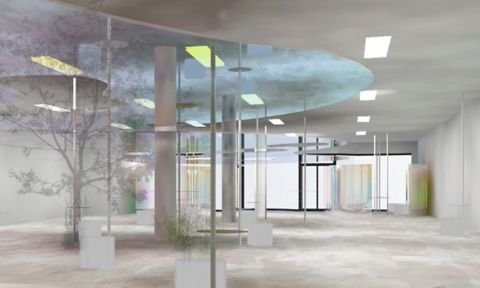 A grey and white interior space.