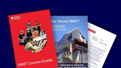 Three pages of the RMIT international guide are spread across a navy background.