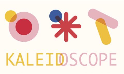 The words Kaleidoscope in yellow and pink, with shapes above them