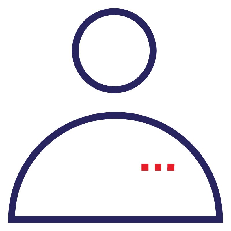 RMIT icon - profile. Icon is represented by a large half-circle illustrating the body and smaller circle above it representing the head. There are three small red squares on where the right lapel would be.